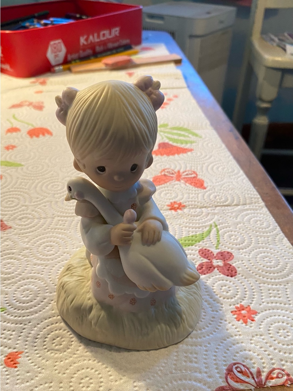 Enesco Cream and Pink Girl Figurine with Goose God Is Love.